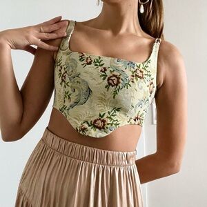 Tapestry green floral corset top + micro mini skirt coord matching set | Size XS